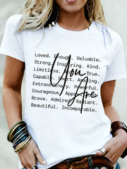 Women's Short Sleeve T-Shirt with "You Are Loved & Valued" Quote - Round Neck Casual Blouse Top, Suitable for Daily Wear, Confidence-Boosting Motivational Clothing