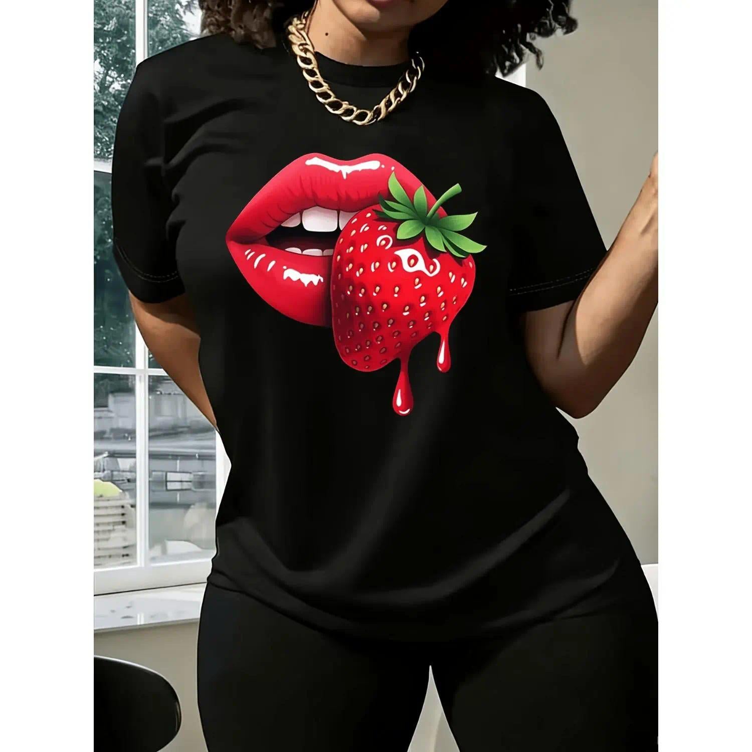Strawberry Lips Tee - Women’s Casual Summer Shirt - Cute Strawberry Print Top - Sister Gift