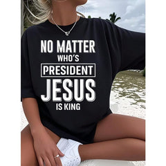 No Matter Who's Jesus Is King Women's Plus Size T-Shirt 1 Pcs Funny Oversized Graphic Short Sleeve Tee Novelty 220g 100% Polyester Shirt Casual Crew Neck Top Versatile