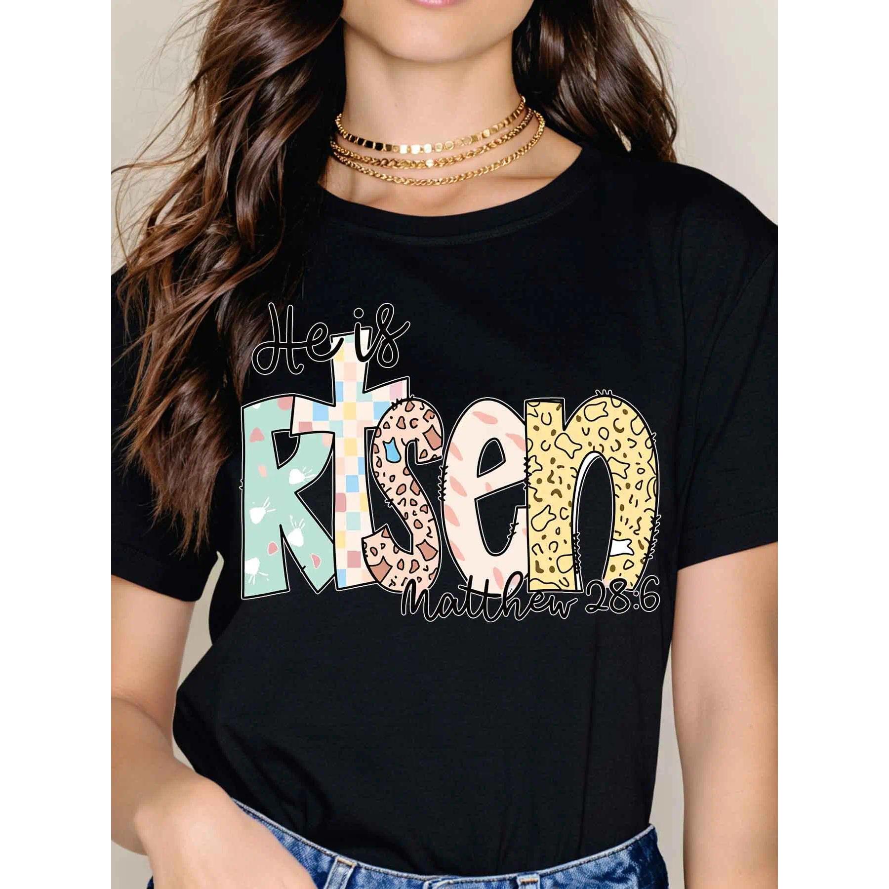 Women Casual T-Shirt White He Is Risen Matthew 28 6 Christian Religious Easter Spring Summer Outfit