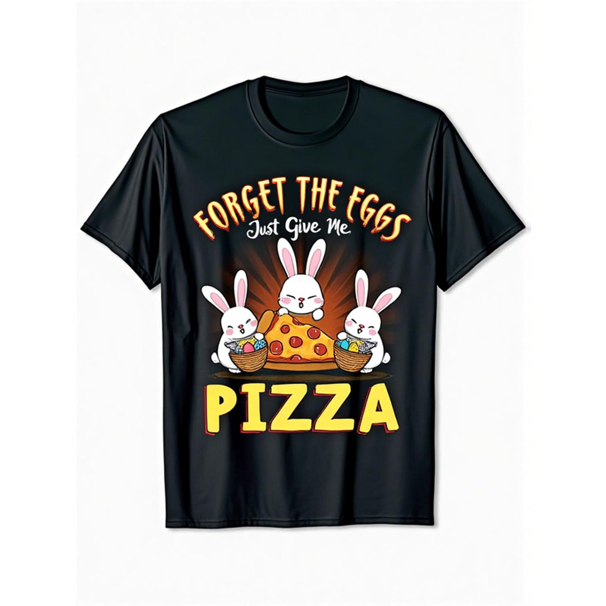 Funny Easter Bunny & Pizza Graphic Tee - "Forget the Eggs Just Give Me Pizza" Saying - Black Shirt with Yellow Text - Soft Breathable Cotton Shirt for Easter Parties, Casual Outfits - Sizes S(Men & Women)