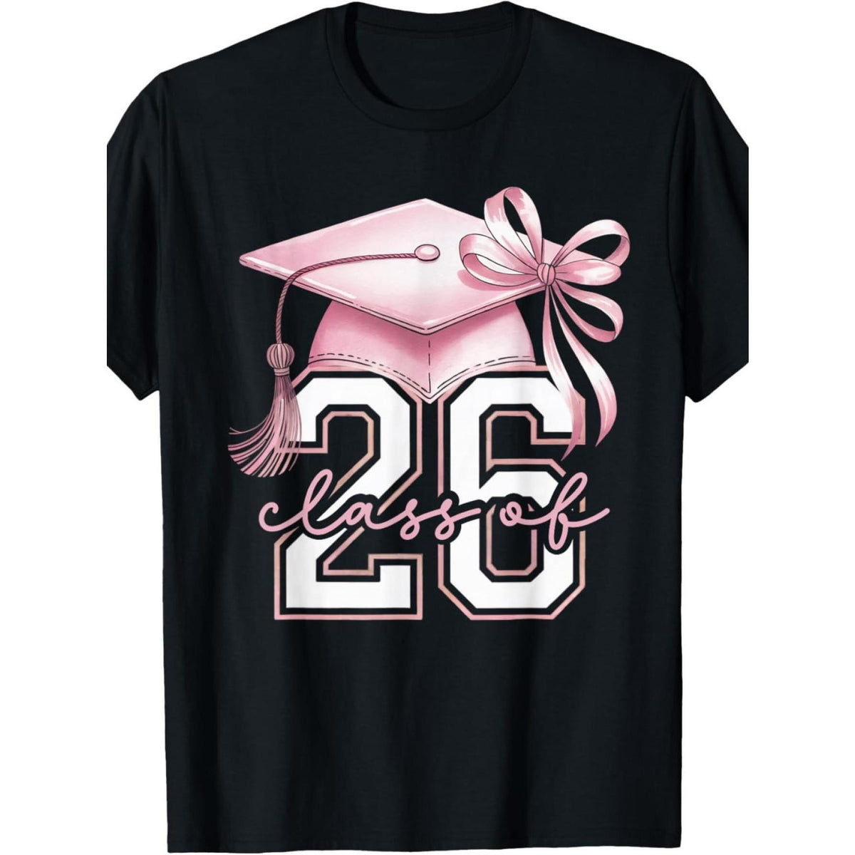 Women'S Class of 2026 Graduation T-Shirt - Pink Bow & Number 26 Graphic, Loose Fit Short Sleeve Round Neck Casual Top with Digital Print, Comfortable Graduation Party Outfit for Senior Year Celebrations (Black with Pink Lettering)