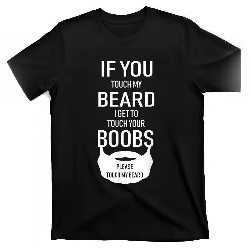 Men's Funny "Touch My Beard" Graphic T-Shirt - Black Casual Short Sleeve Tee with Beard Print, Breathable Cotton, Regular Fit for All-Season Comfort, Humorous Novelty Top for Casual Attire & Casual Outfits, PLUS SIZE