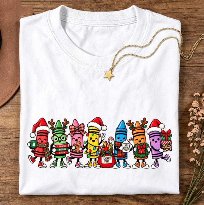 Women’s Cute Christmas Teacher Graphic T‑Shirt, Festive Classroom Holiday Crew Neck Short‑Sleeve Casual Tee with School Character Print
