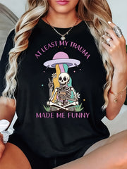 At Least My Trauma Made Me Funny Skeleton UFO Graphic T-Shirt, Women's Funny Sarcastic Alien Short Sleeve Tee