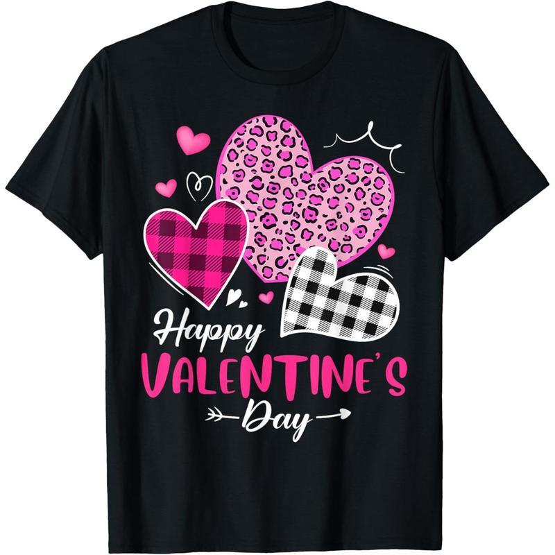 Happy Valentine's Day Leopard and Plaid Hearts Women T-Shirt