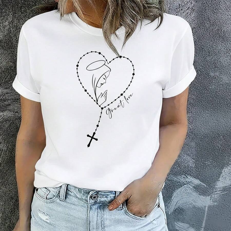 Women's Pure Cotton T-Shirt With Religious Heart Rosary Design, Angel And Cross Print, Casual V-Neck Short Sleeve Top For Daily Wear Women's Casual And Stylish Short-Sleeved Printed Shirt