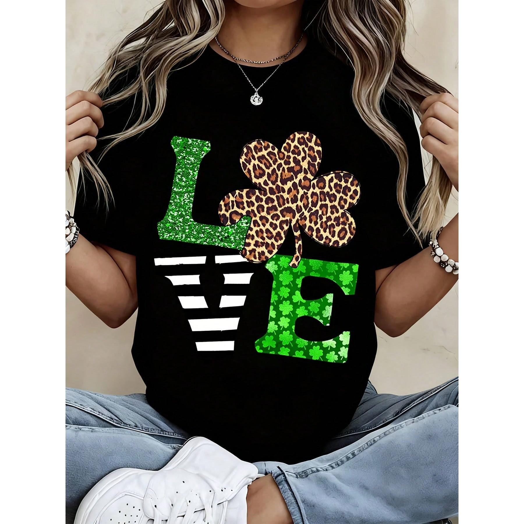 Love St Patrick Day Shirt With Leopard Clover Design Black T-Shirt For Women Casual Festive Wear Irish Celebration Outfit Green Glitter Print Cute Fashion Top Lucky Charm Pattern Streetwear Style Comfortable Soft Cotton Material Perfect