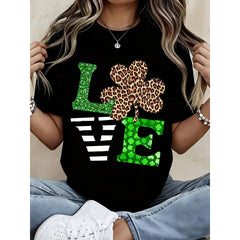 Love St Patrick Day Shirt With Leopard Clover Design Black T-Shirt For Women Casual Festive Wear Irish Celebration Outfit Green Glitter Print Cute Fashion Top Lucky Charm Pattern Streetwear Style Comfortable Soft Cotton Material Perfect