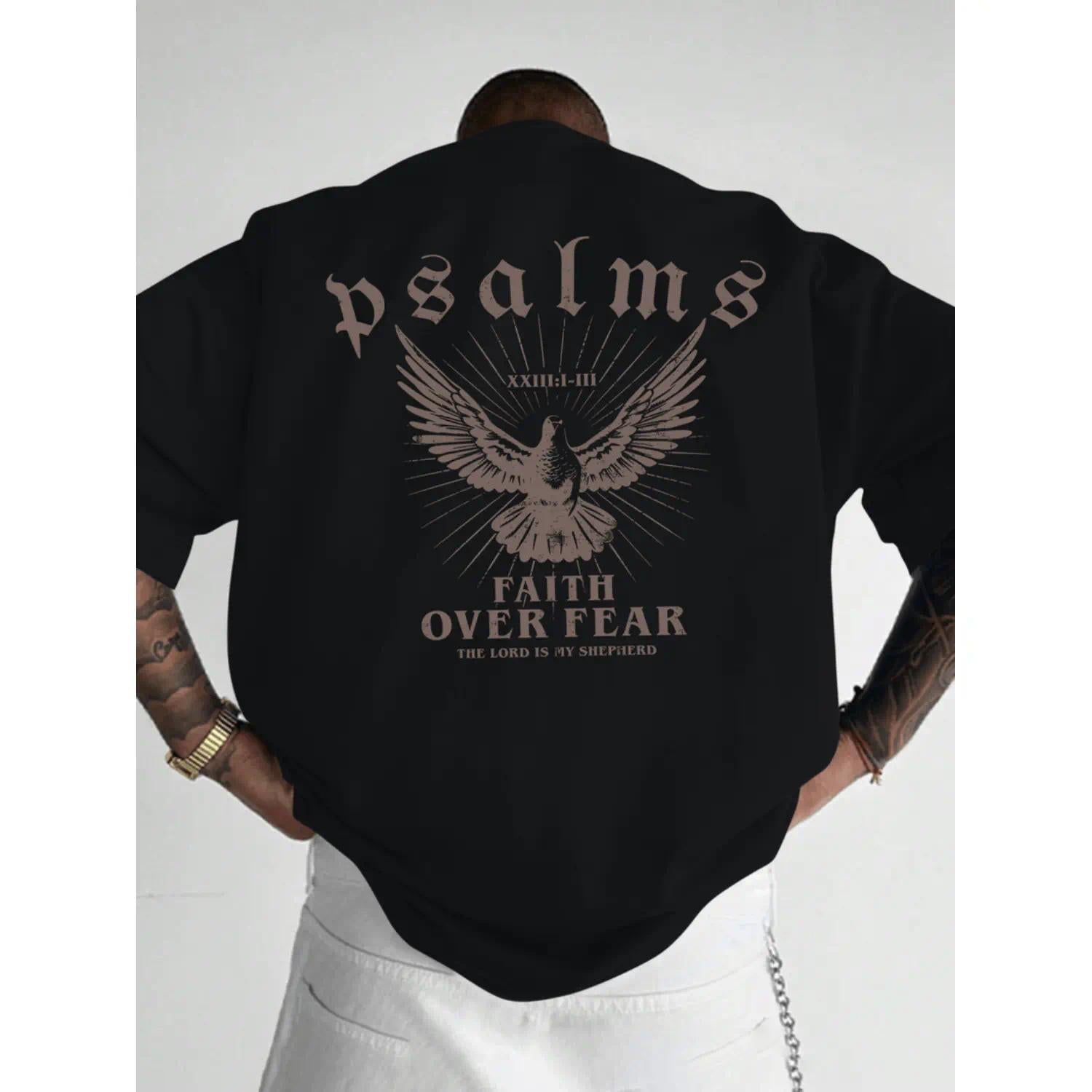Faith Over Fear T-Shirt With Psalm 93 4 Design Loose Fit Crew Neck Short Sleeve For Men Casual Wear Sports Fan Gift In Glossy Black..