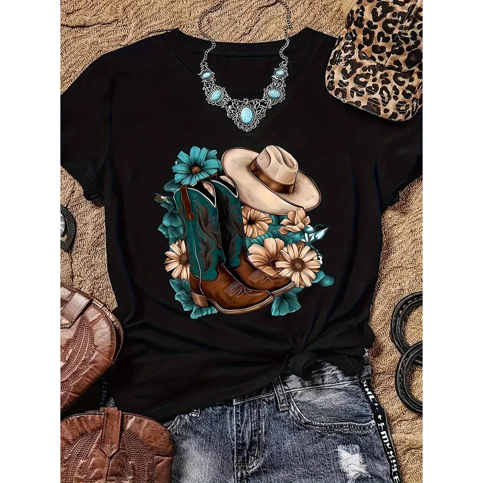 Western Cowboy Style Graphic Print T-Shirt, Short Sleeve Crew Neck Casual Top For Summer & Spring, Women's Clothing