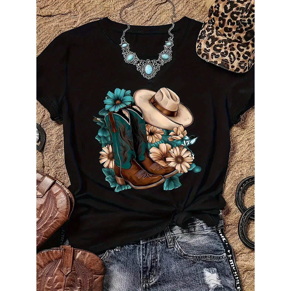 Western Cowboy Style Graphic Print T-Shirt, Short Sleeve Crew Neck Casual Top For Summer & Spring, Women's Clothing