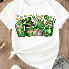 Women Casual T-Shirt White St Patrick Day Coffee Cup And Leprechaun Hat Design For Festival Celebration