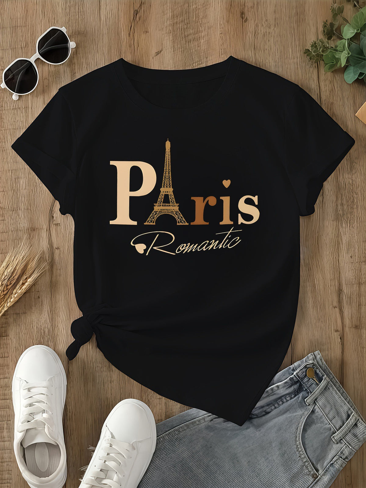 Fashion Women's Paris Graphic T-Shirt, Casual Short Sleeve Top with Eiffel Tower Print, Romantic Letter Print Tee for Daily Wear