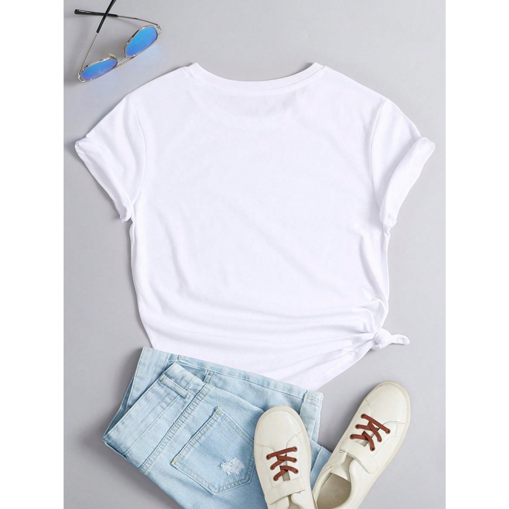Women's Black Heart Pattern Regular Crew Neck Cotton Short Sleeve Top, Valentine's Day Gift