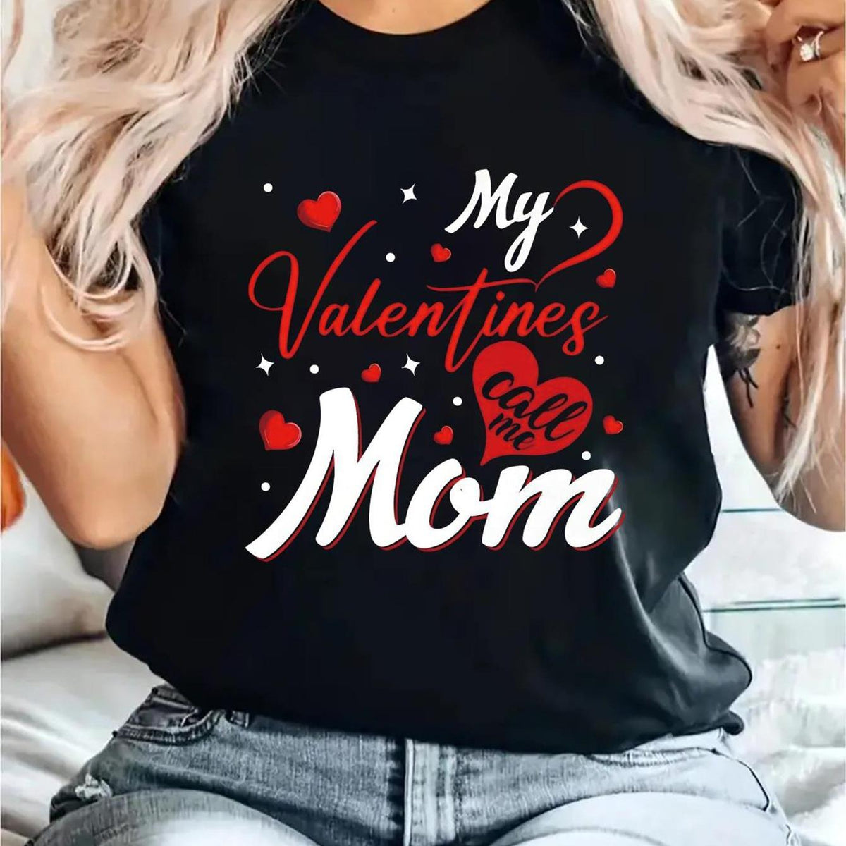 Women's Slim Fit "My Valentine Calls Me Mom" Graphic T-Shirt - Valentine's Day & Spring Summer Outfit, Black with Red/White Lettering, Hearts & Stars Print, Casual Crew Neck Tee for Moms Gift