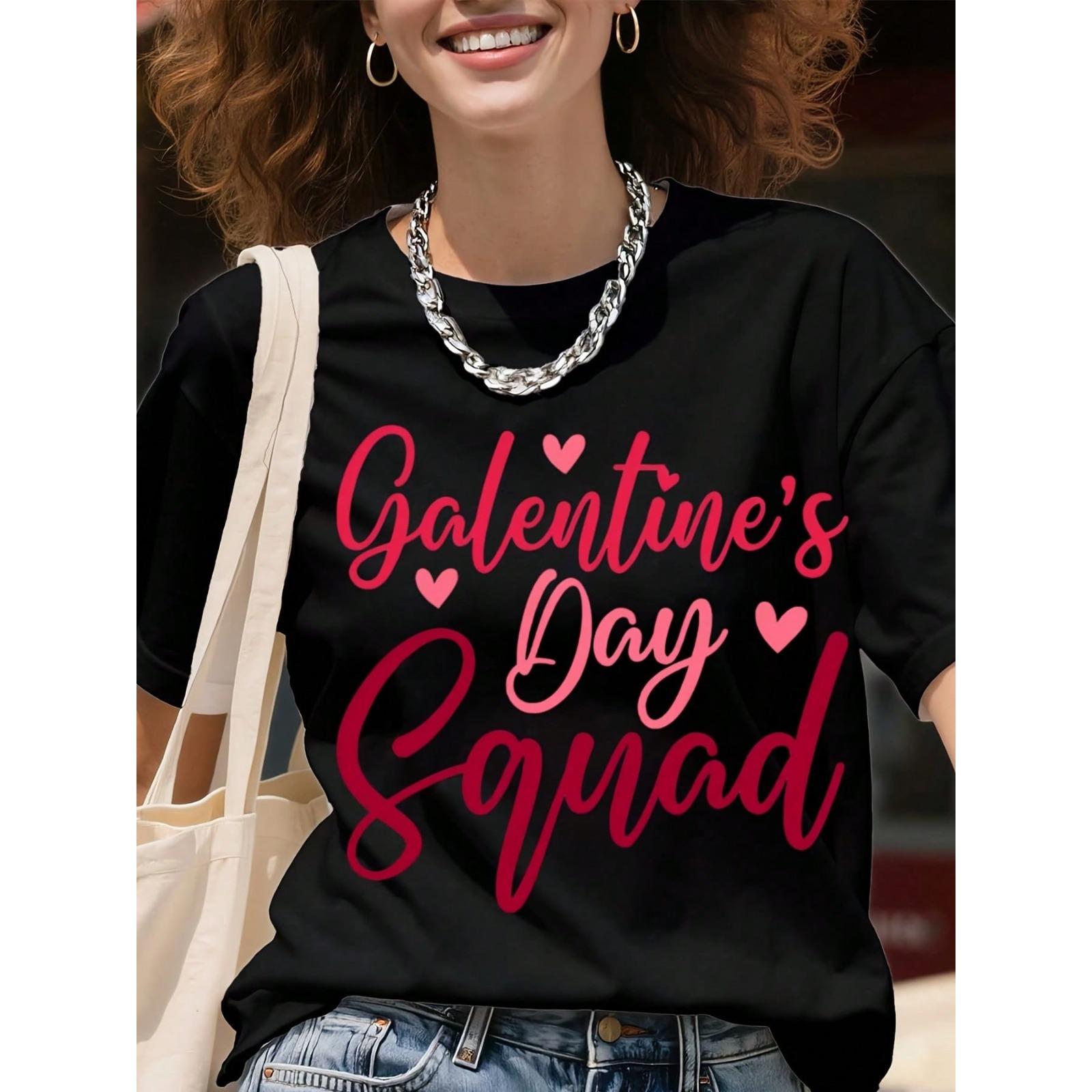 Galentine's Day Squad Big Size White T-Shirt For Women Plus Size Valentine's Day Gift Top Female Crewneck Casual Shirt With Hearts Design