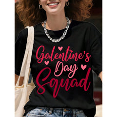 Galentine's Day Squad Big Size White T-Shirt For Women Plus Size Valentine's Day Gift Top Female Crewneck Casual Shirt With Hearts Design