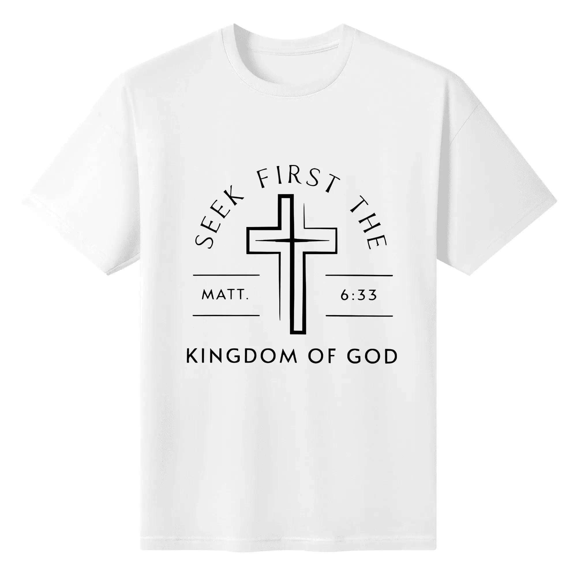 Seek The Kingdom Of God, God Is Worthy Of Your Faith, Believe In Christianity, Classic Retro Fashion High Street Cross Popular Letter Pattern Printing Boutique Cotton T-Shirt, Men's Summer High-Quality Printed Cotton pure cot