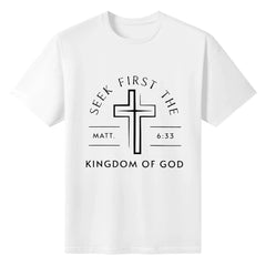 Seek The Kingdom Of God, God Is Worthy Of Your Faith, Believe In Christianity, Classic Retro Fashion High Street Cross Popular Letter Pattern Printing Boutique Cotton T-Shirt, Men's Summer High-Quality Printed Cotton pure cot