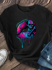 Neon Drip Lips Skull Crossbone Graphic T-Shirt, Women's Retro Colorful Skeleton Lip Art Short Sleeve Tee