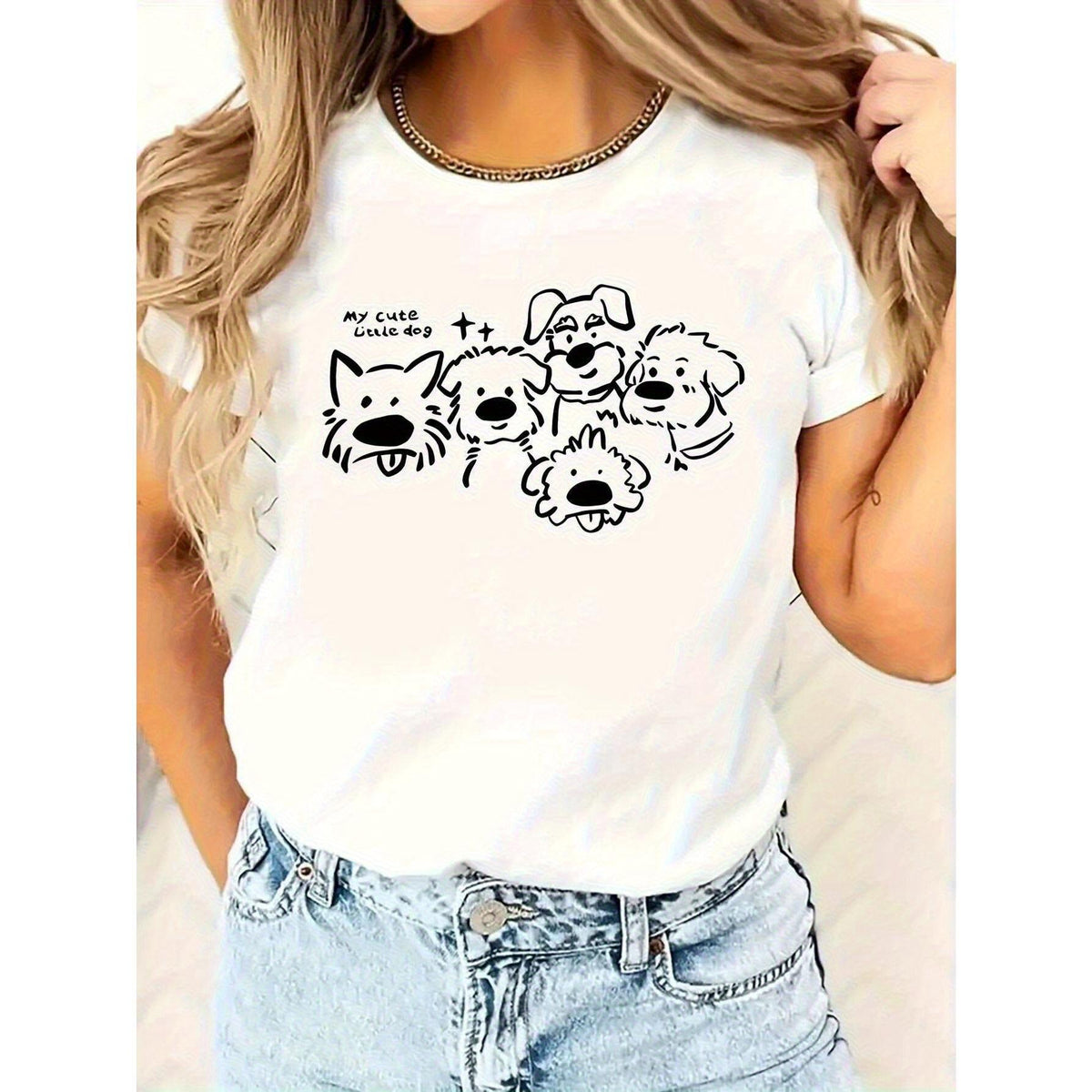 Women's Casual Short Sleeve T-Shirt, Dog Pattern and Letter Design, Round Neck, Casual Style