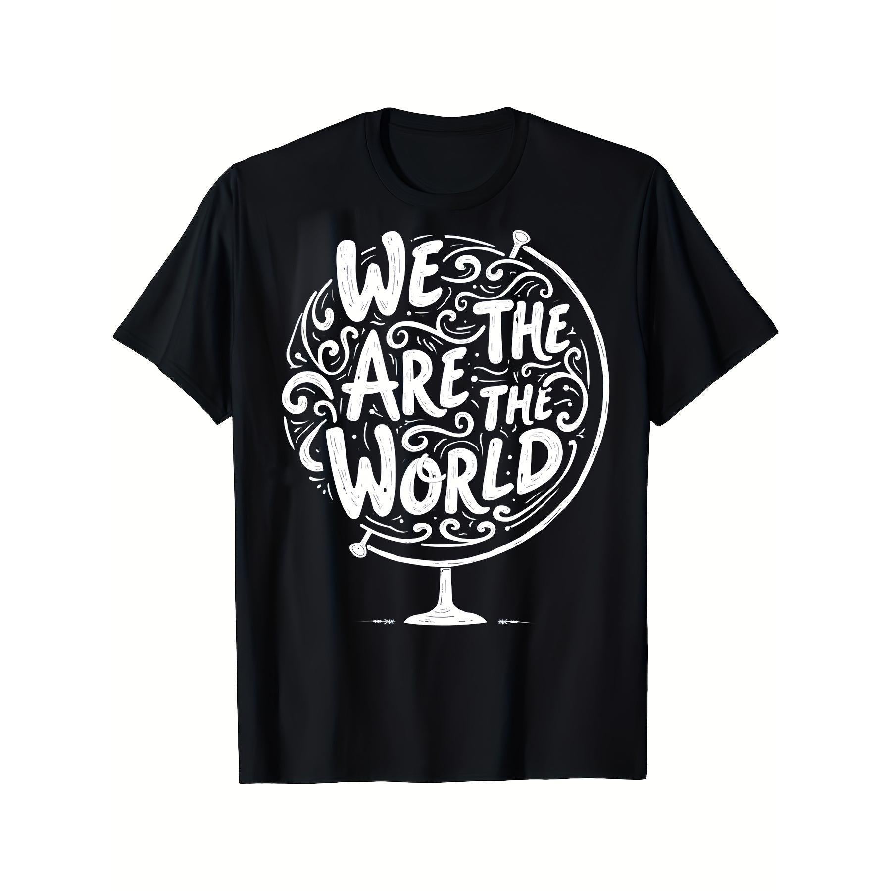 Lady's "We Are the World" Globe Print Short-Sleeve Round Neck Natural Cotton T-Shirt - Casual Style Comfortable Everyday Top