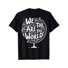 Lady's "We Are the World" Globe Print Short-Sleeve Round Neck Natural Cotton T-Shirt - Casual Style Comfortable Everyday Top