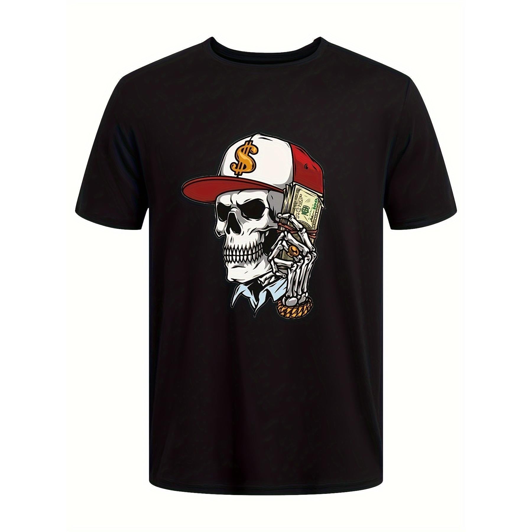 Men's Skull & Money Print T-Shirt - Casual Short Sleeve Hip Hop Style Graphic Design