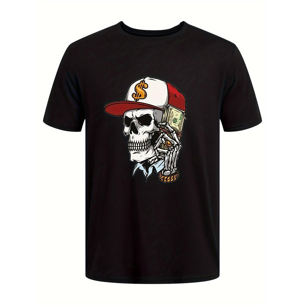 Men's Skull & Money Print T-Shirt - Casual Short Sleeve Hip Hop Style Graphic Design