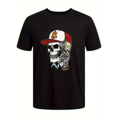 Men's Skull & Money Print T-Shirt - Casual Short Sleeve Hip Hop Style Graphic Design