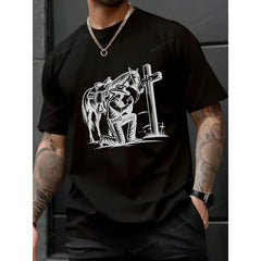 Cowboy Praying at Cross T-Shirt for Men | Western Horse Rider Graphic Tee, 100% Cotton Y2K Style Casual Top