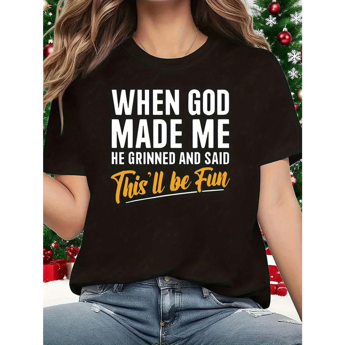 When God Made Me 1 Pcs Women's Plus Size T-Shirt Funny Oversized Graphic Short Sleeve Tee Novelty 100% Polyester Shirt Casual Crew Neck Top 220g