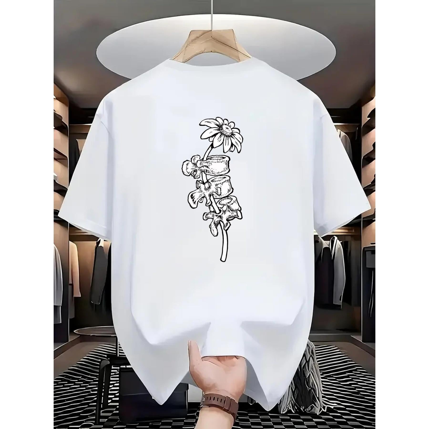 Men'S T-Shirt with Spine and Sunflower Double-Sided Print | Casual Style, Crew Neck, Perfect for Daily Wear and Fitness, Summer Season