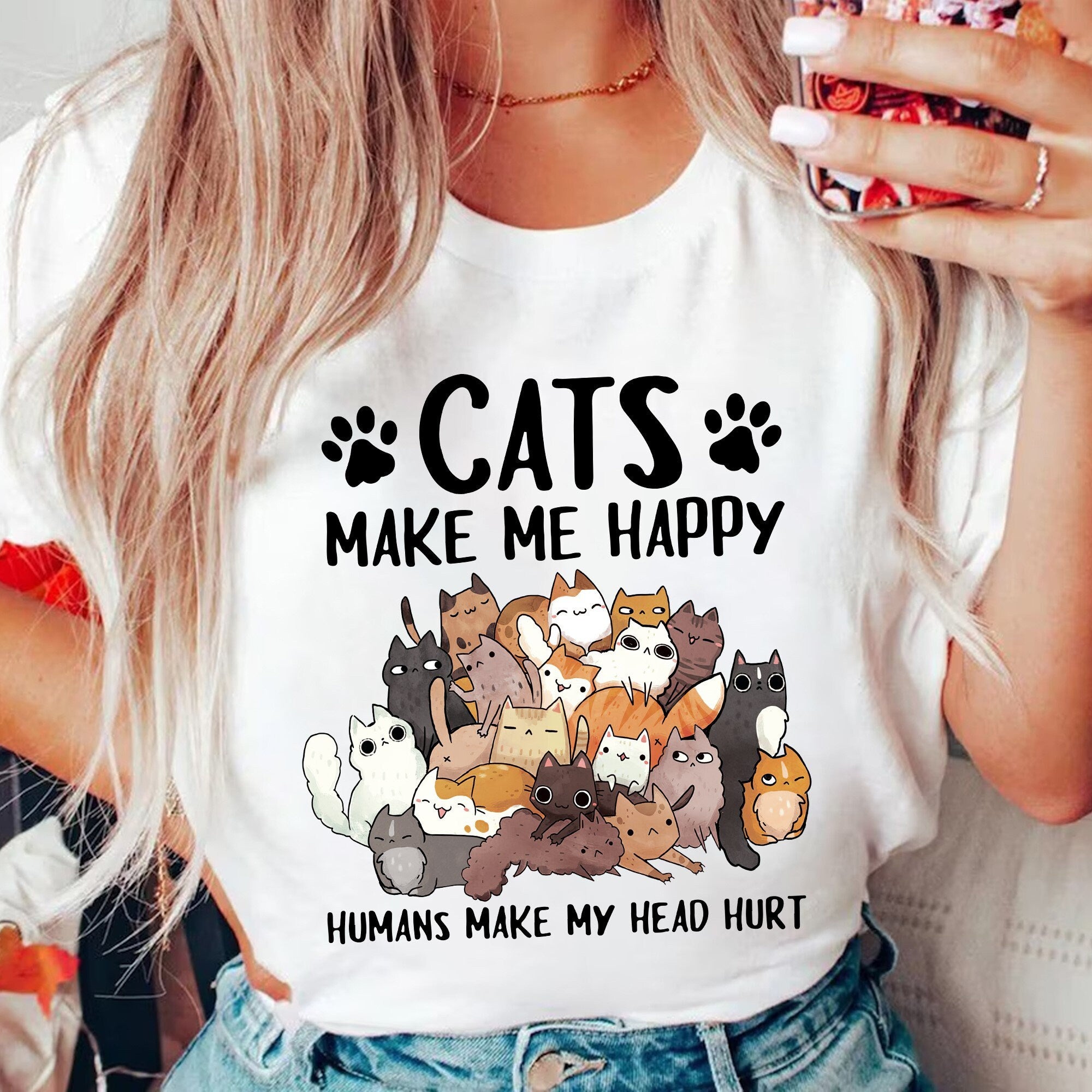 Cats Make Me Happy Humans Make My Head Hurt Graphic T-Shirt, Funny Cat Lover Tee, Cute Cartoon Cat Stack Print Shirt