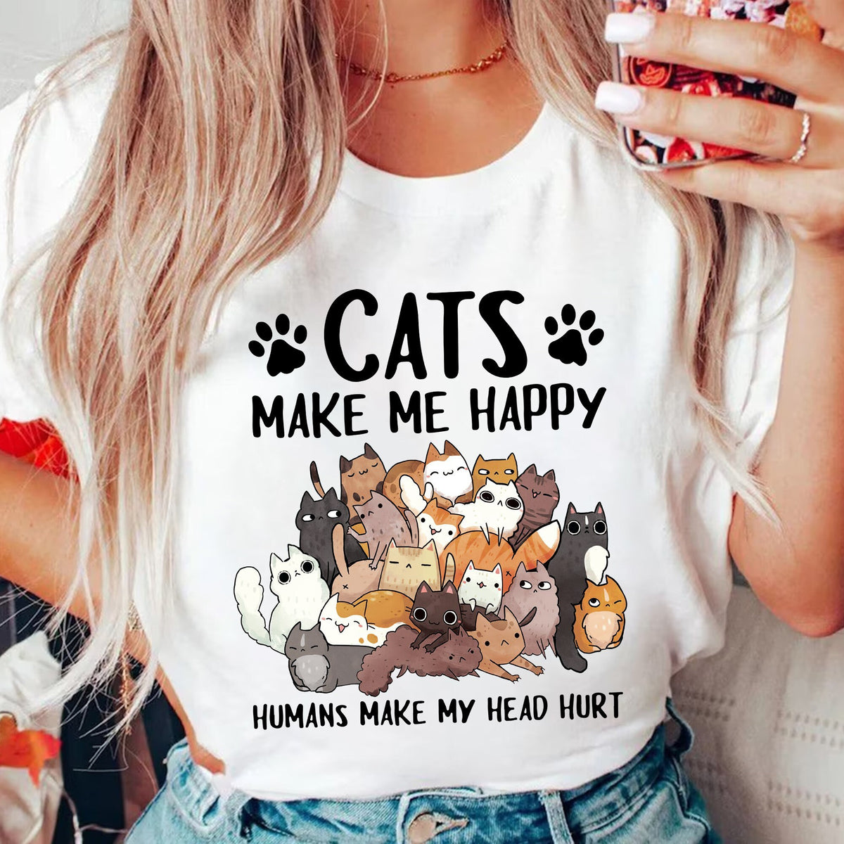 Cats Make Me Happy Humans Make My Head Hurt Graphic T-Shirt, Funny Cat Lover Tee, Cute Cartoon Cat Stack Print Shirt