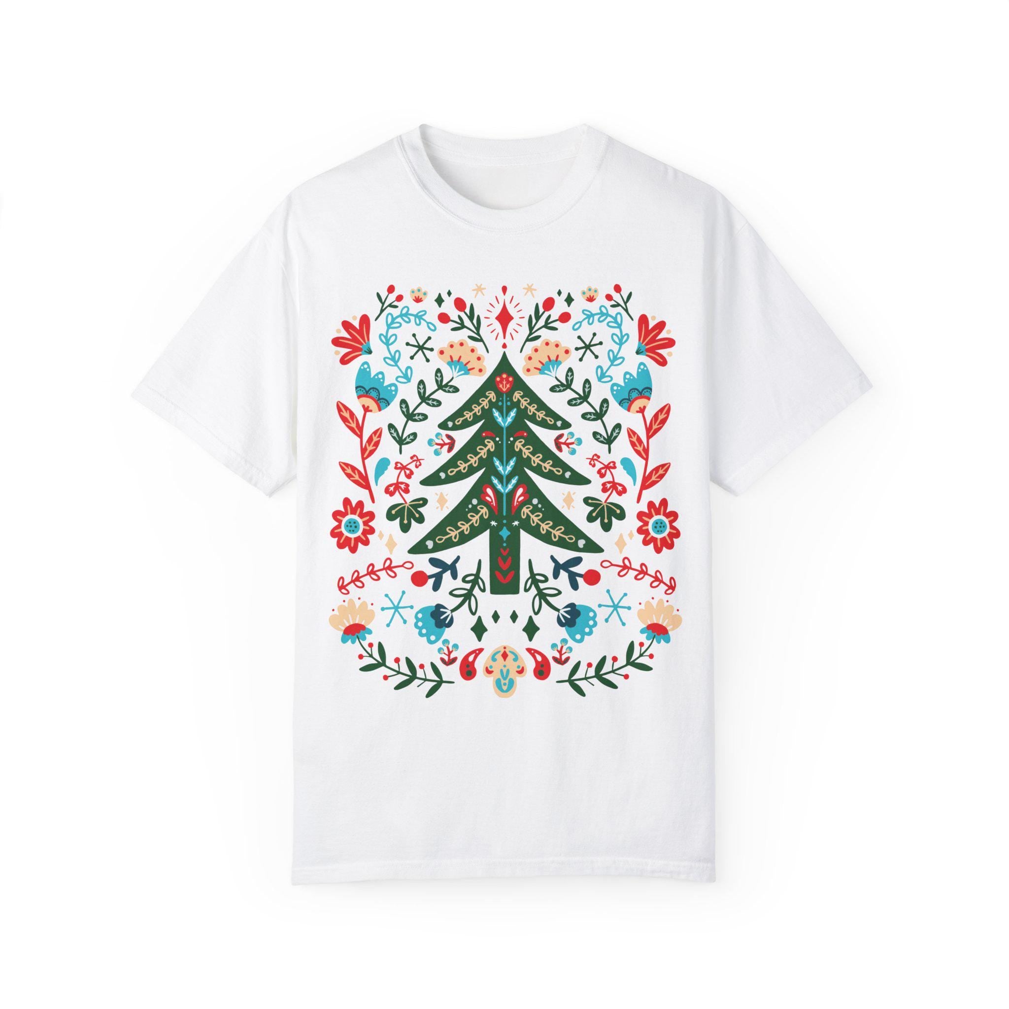Scandinavian Folk Art Christmas T-Shirt, Norwegian Botanical Floral Tree Graphic Tee, Men Women Casual Christmas Shirt