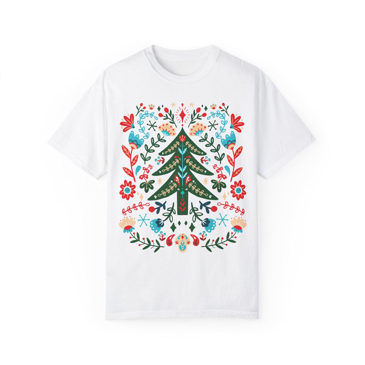 Scandinavian Folk Art Christmas T-Shirt, Norwegian Botanical Floral Tree Graphic Tee, Men Women Casual Christmas Shirt