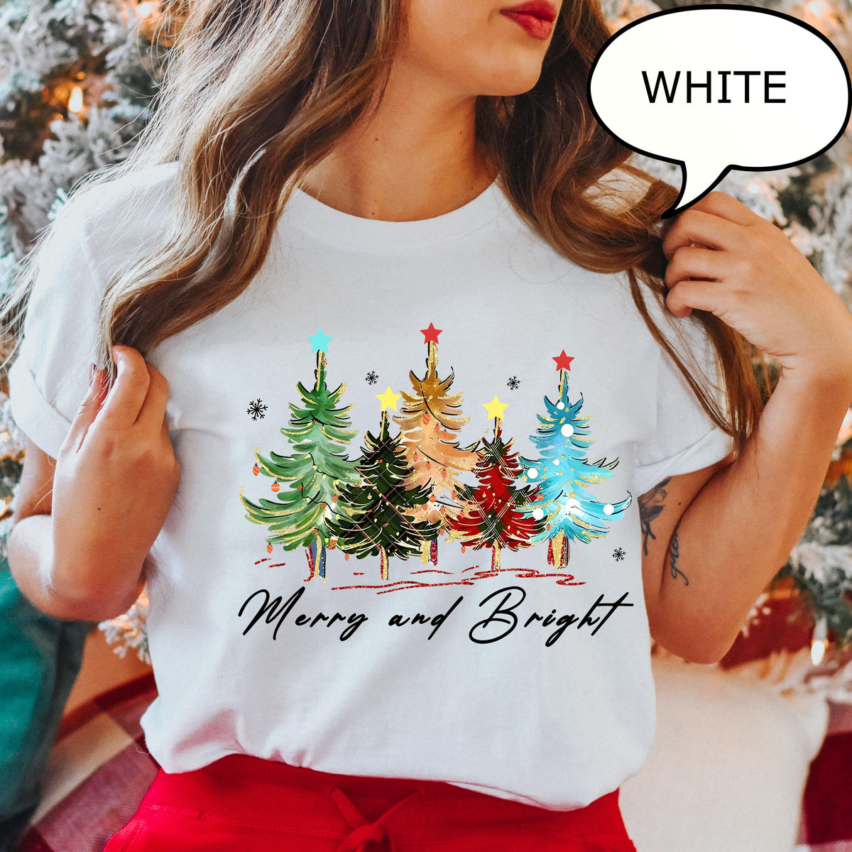 Merry And Bright Christmas Tree Tee,Watercolor Christmas Tree Shirt, Merry Christmas Party Tee, Holiday Gift for Women
