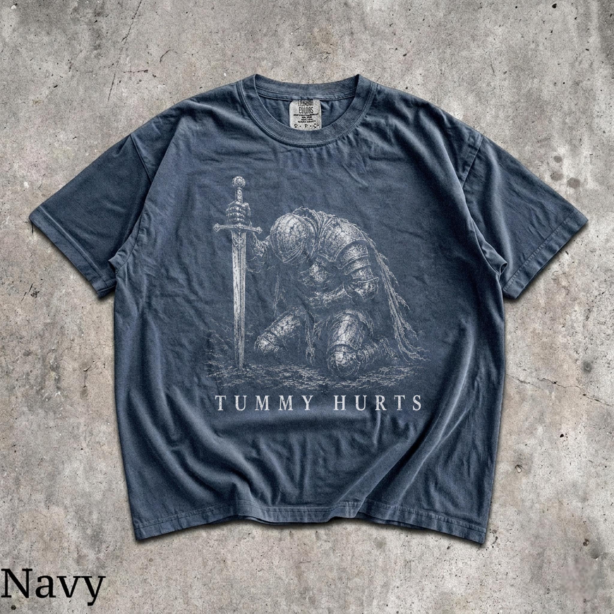 Tummy Hurts Knight Shirt, Funny Dark Fantasy Graphic Tee, Ironic Meme T-Shirt, Gamer Girl Gift, Retro Elden Knight Top, Comfort Colors Tee