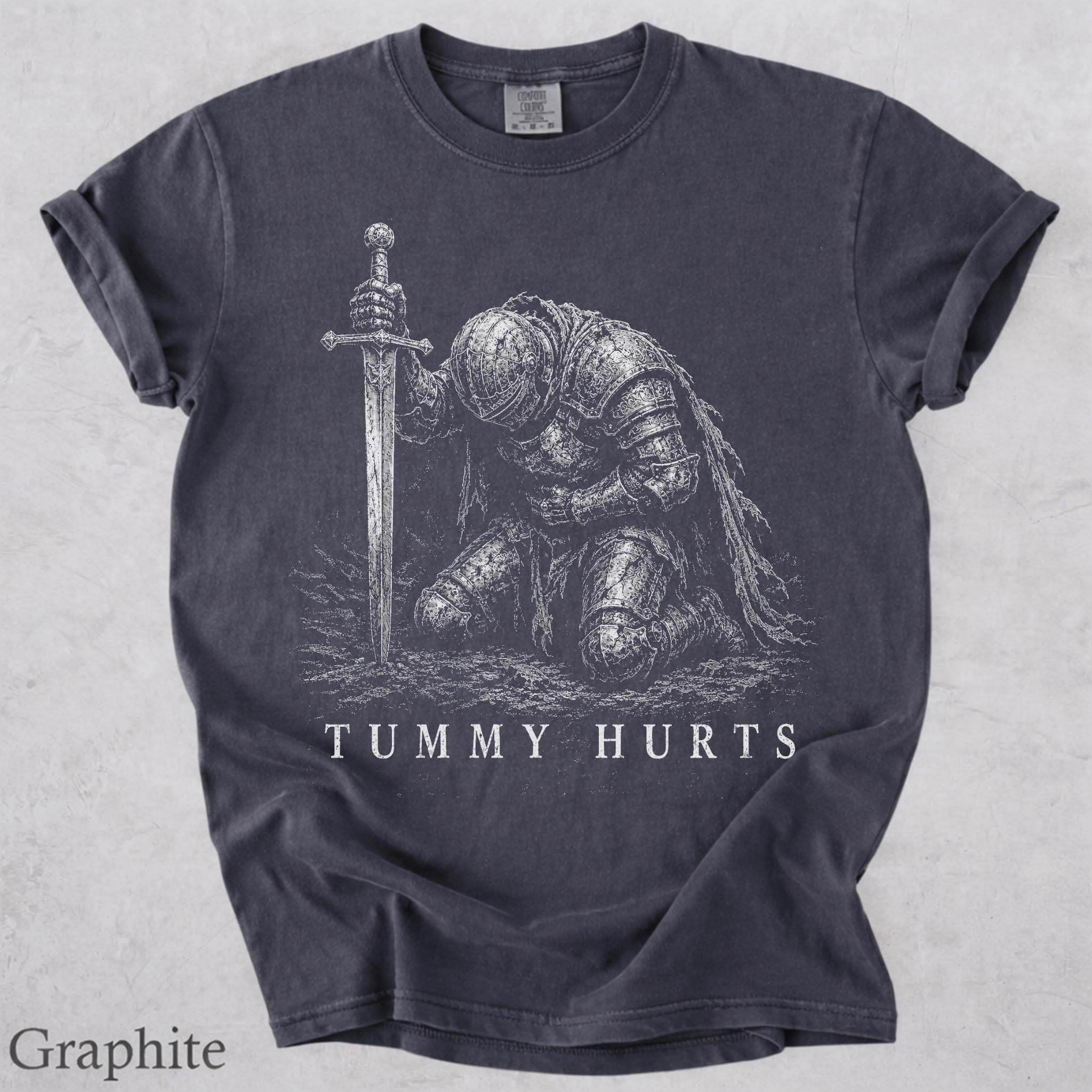 Tummy Hurts Knight Shirt, Funny Dark Fantasy Graphic Tee, Ironic Meme T-Shirt, Gamer Girl Gift, Retro Elden Knight Top, Comfort Colors Tee