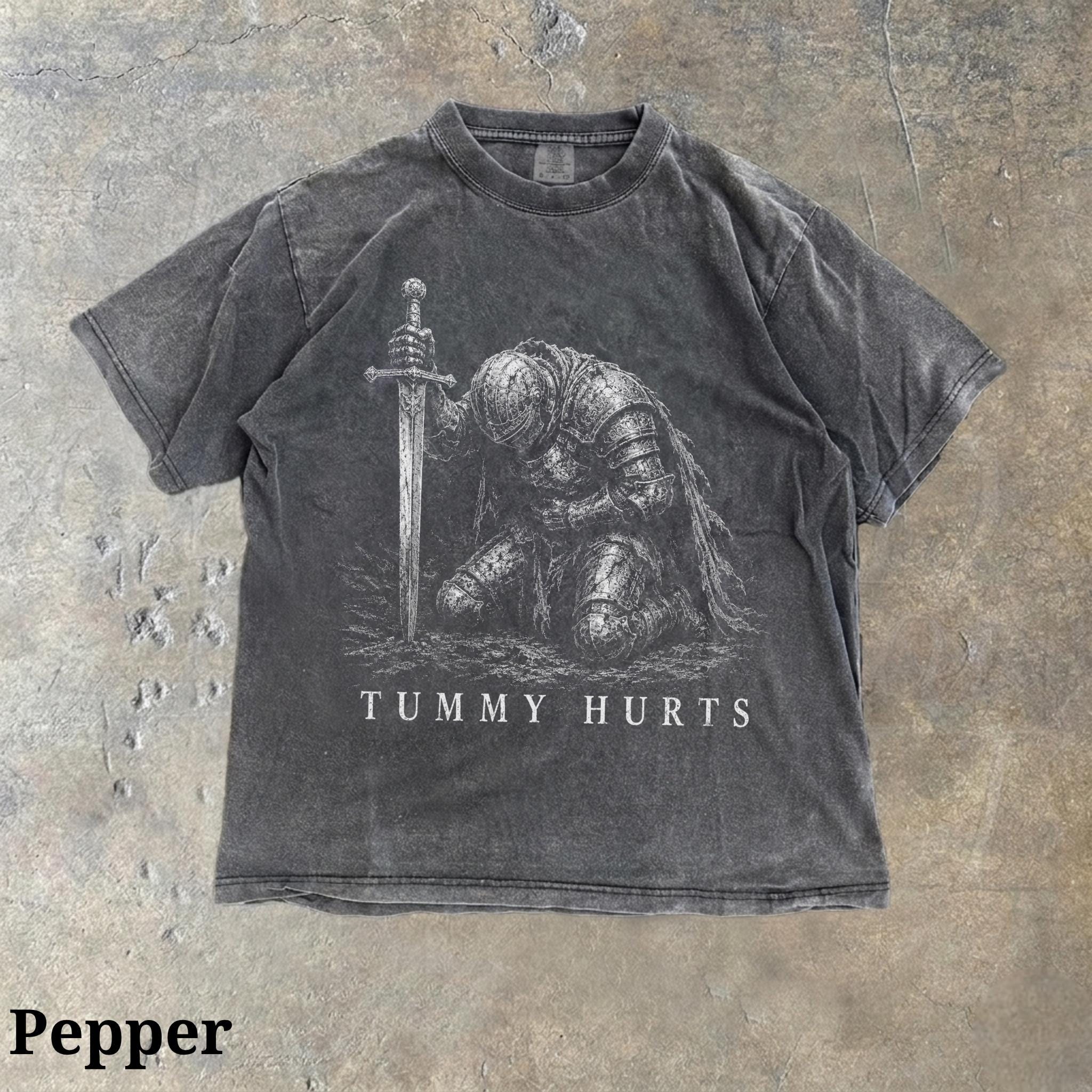 Tummy Hurts Knight Shirt, Funny Dark Fantasy Graphic Tee, Ironic Meme T-Shirt, Gamer Girl Gift, Retro Elden Knight Top, Comfort Colors Tee