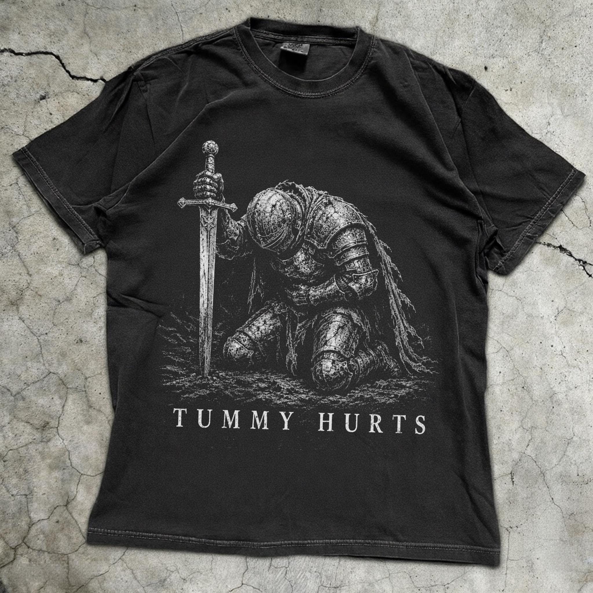 Tummy Hurts Knight Shirt, Funny Dark Fantasy Graphic Tee, Ironic Meme T-Shirt, Gamer Girl Gift, Retro Elden Knight Top, Comfort Colors Tee