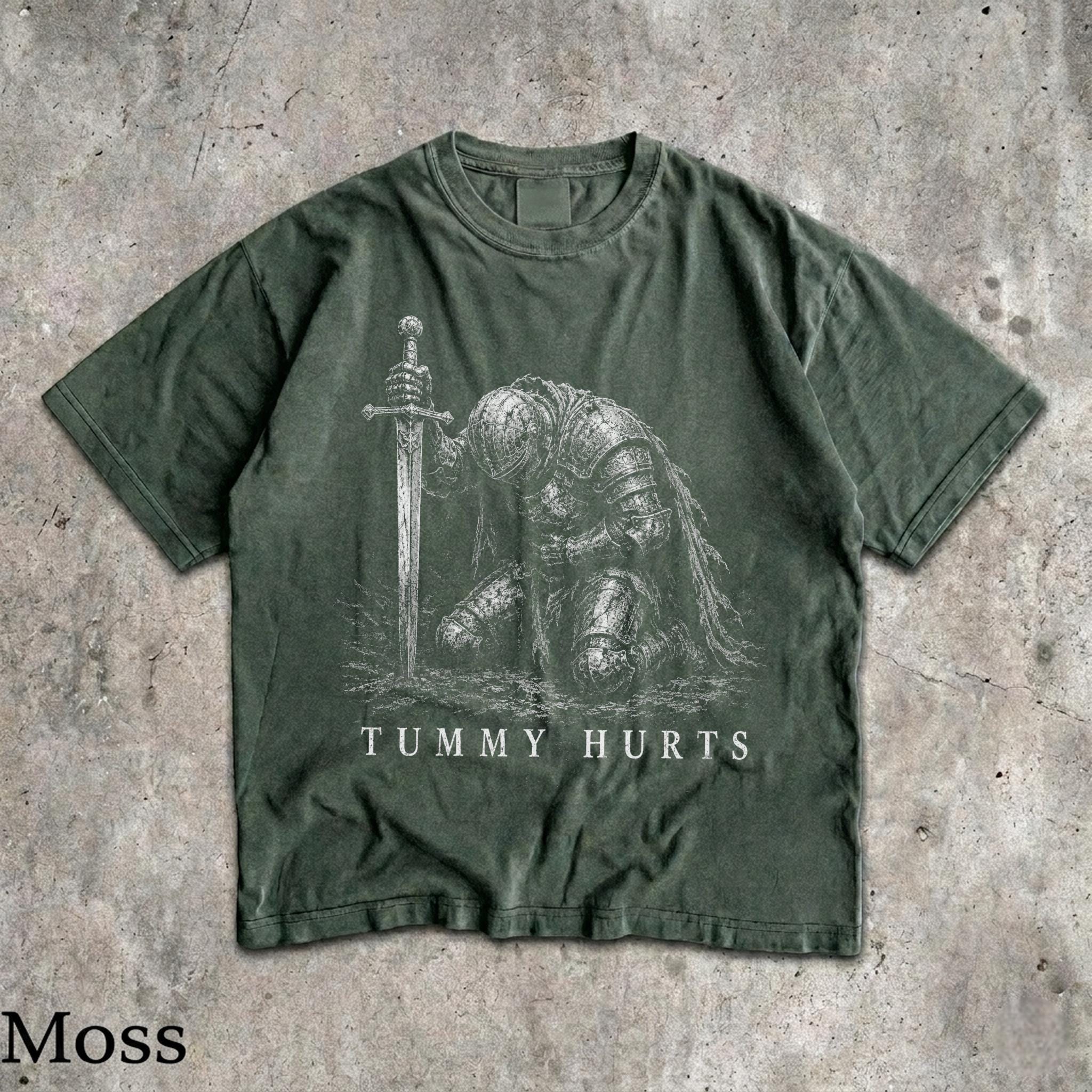 Tummy Hurts Knight Shirt, Funny Dark Fantasy Graphic Tee, Ironic Meme T-Shirt, Gamer Girl Gift, Retro Elden Knight Top, Comfort Colors Tee