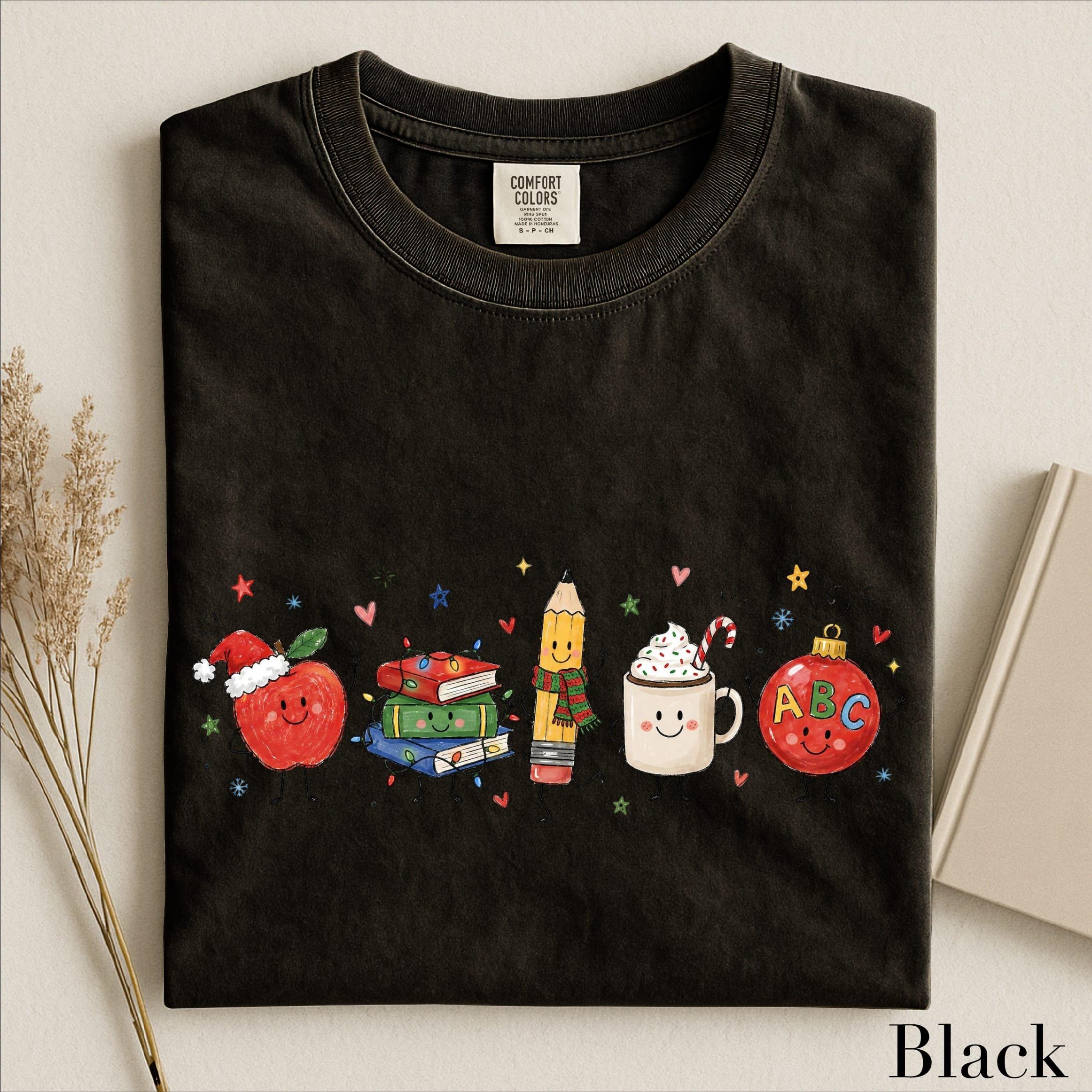 Women’s Cute Christmas Teacher Graphic T‑Shirt, Festive Classroom Holiday Crew Neck Short‑Sleeve Casual Tee with School Character Print