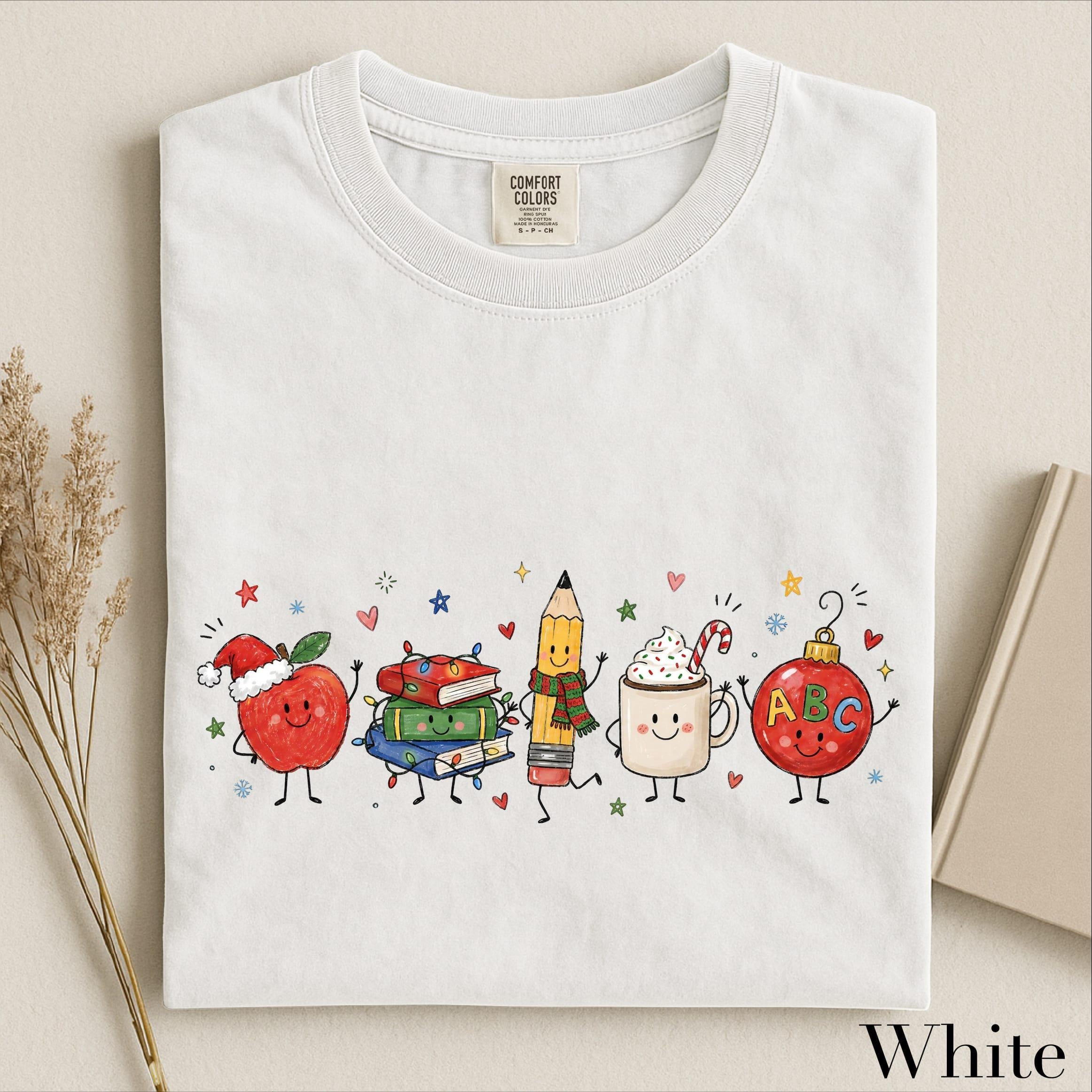 Women’s Cute Christmas Teacher Graphic T‑Shirt, Festive Classroom Holiday Crew Neck Short‑Sleeve Casual Tee with School Character Print