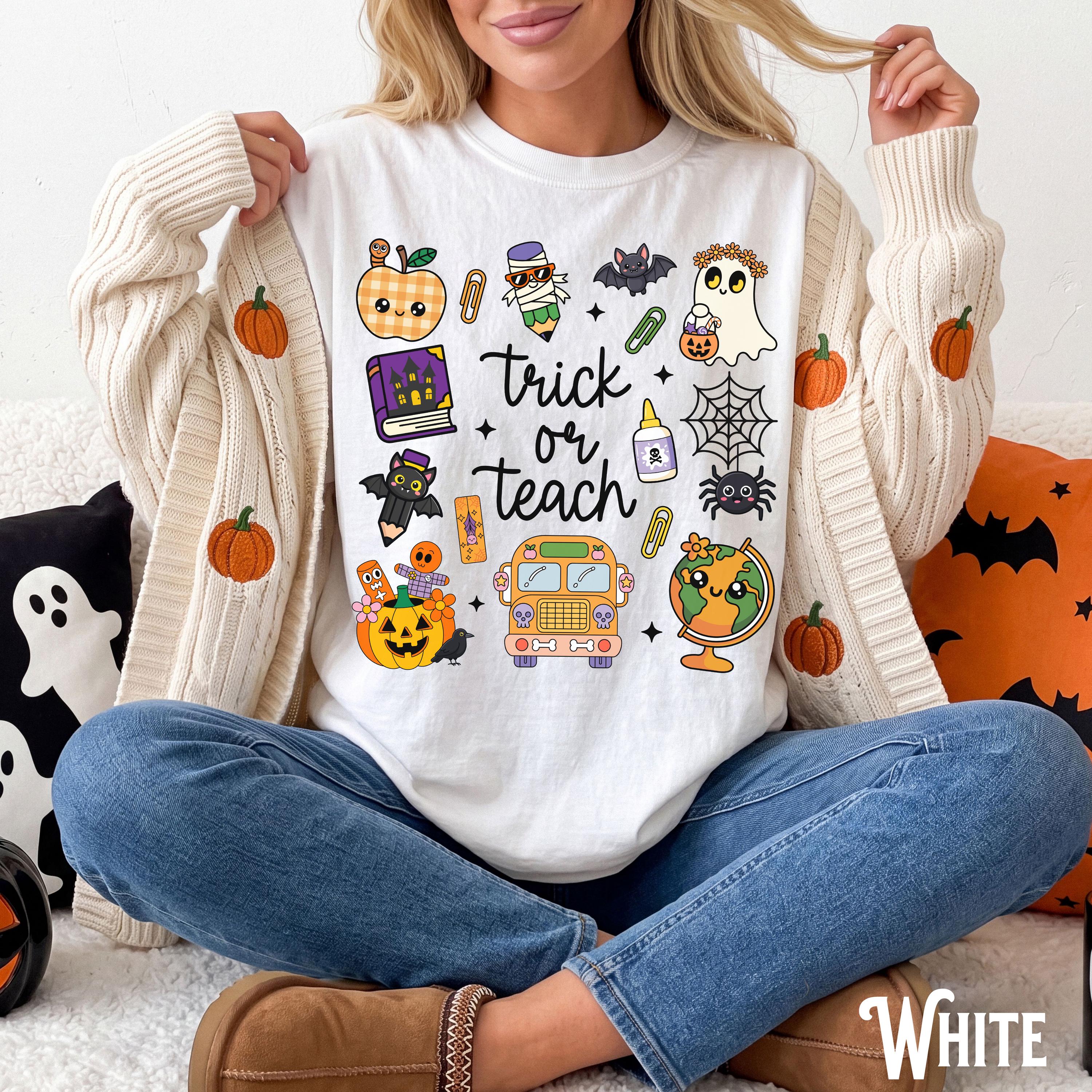 Halloween Teacher Shirt, Trick or Teach Graphic Tee, Cute Spooky Fall Classroom T-Shirt, Doodle Halloween Educator Top, Gift for Teachers