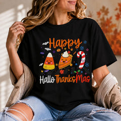 Happy Hallothanksmas T-Shirt, Halloween Thanksgiving Christmas Holiday Apparel, Fall Season Crewneck, Cute Candy Corn Pumpkin Pie Top