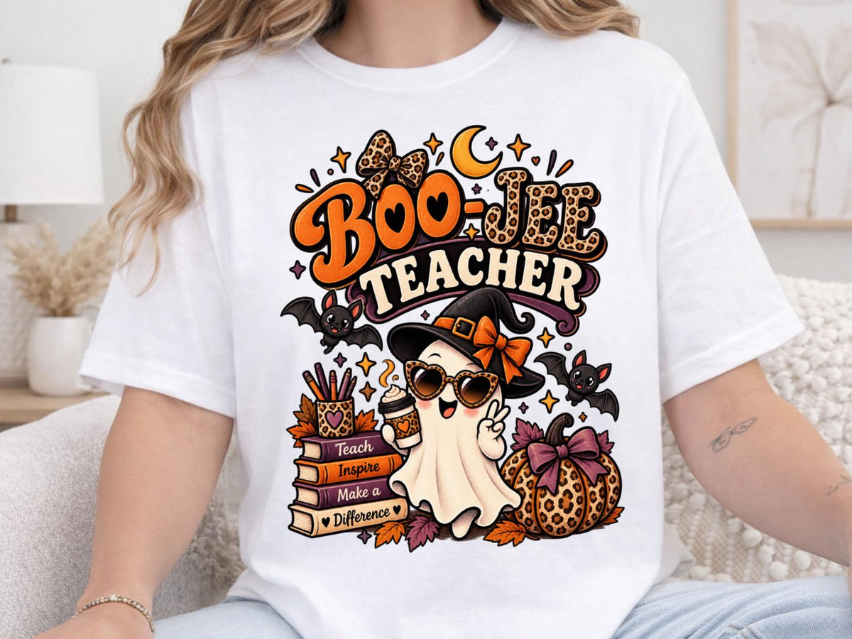 Halloween Teacher Shirt, Boo-Jee Teacher Ghost Graphic Tee, Leopard Pumpkin Halloween T-Shirt, Fall Educator Gift, Casual Halloween Top