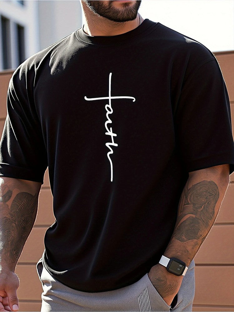 Men T-Shirt Faith Cross Graphic Print Black White Short Sleeve Crew Neck T Shirt